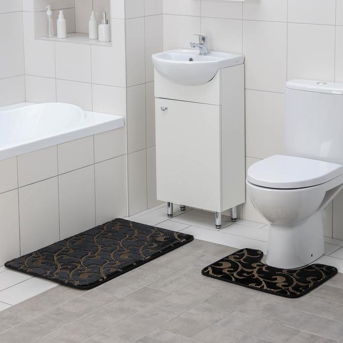 Набор ковриков для ванны и туалета Доляна «Вензель», 2 шт: 40×50, 50×80 см, цвет чёрный