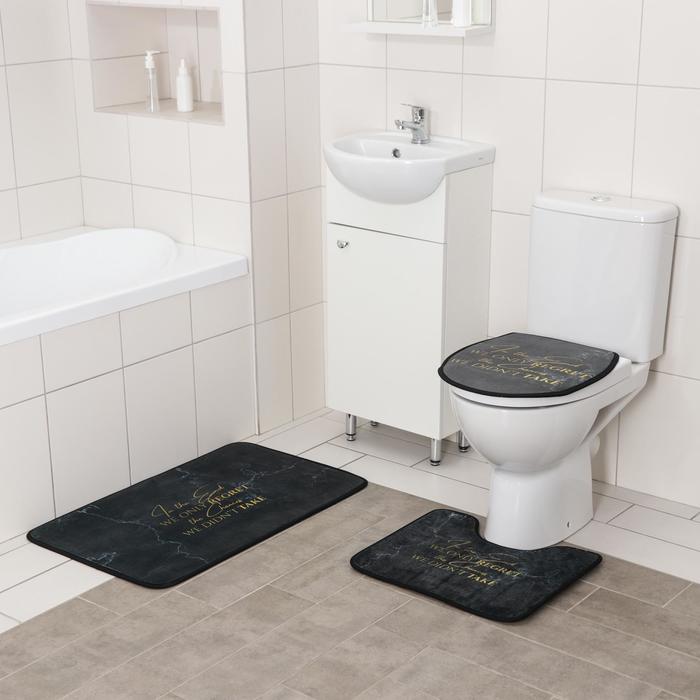 Набор ковриков для ванны и туалета Доляна «Мрамор», 3 шт: 50×80, 45×50, 38×43 см, цвет тёмно-серый